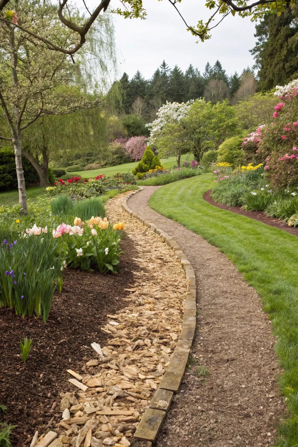 Wood chips present a natural and countryside-like edging for garden pathways.