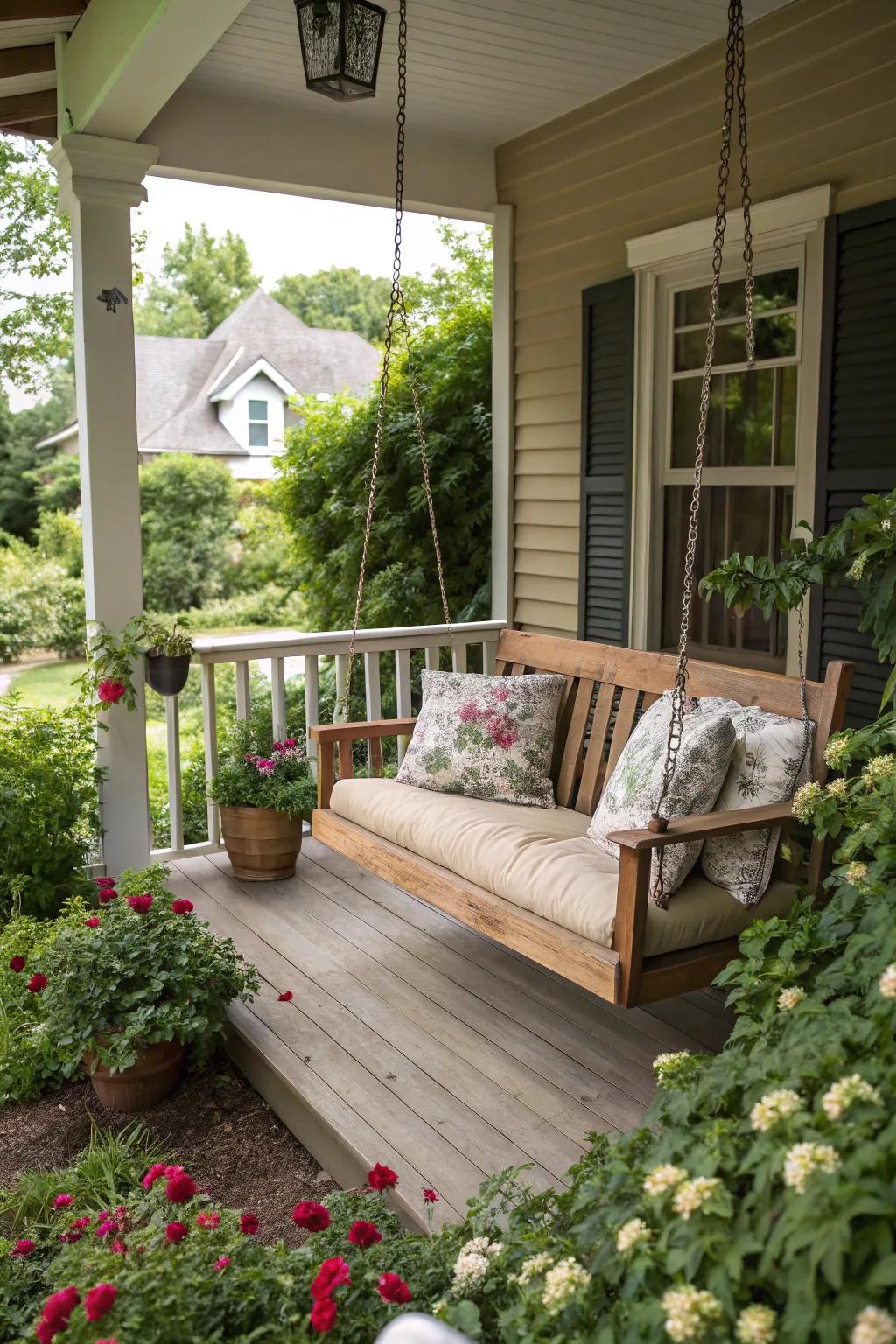 Relaxing timber porch swing for peaceful outdoor moments
