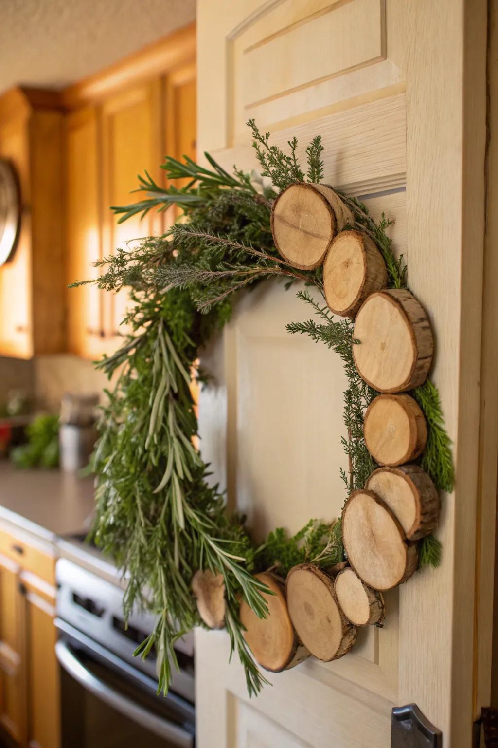 Herb-scented wood rounds wreath providing a fragrant entry.