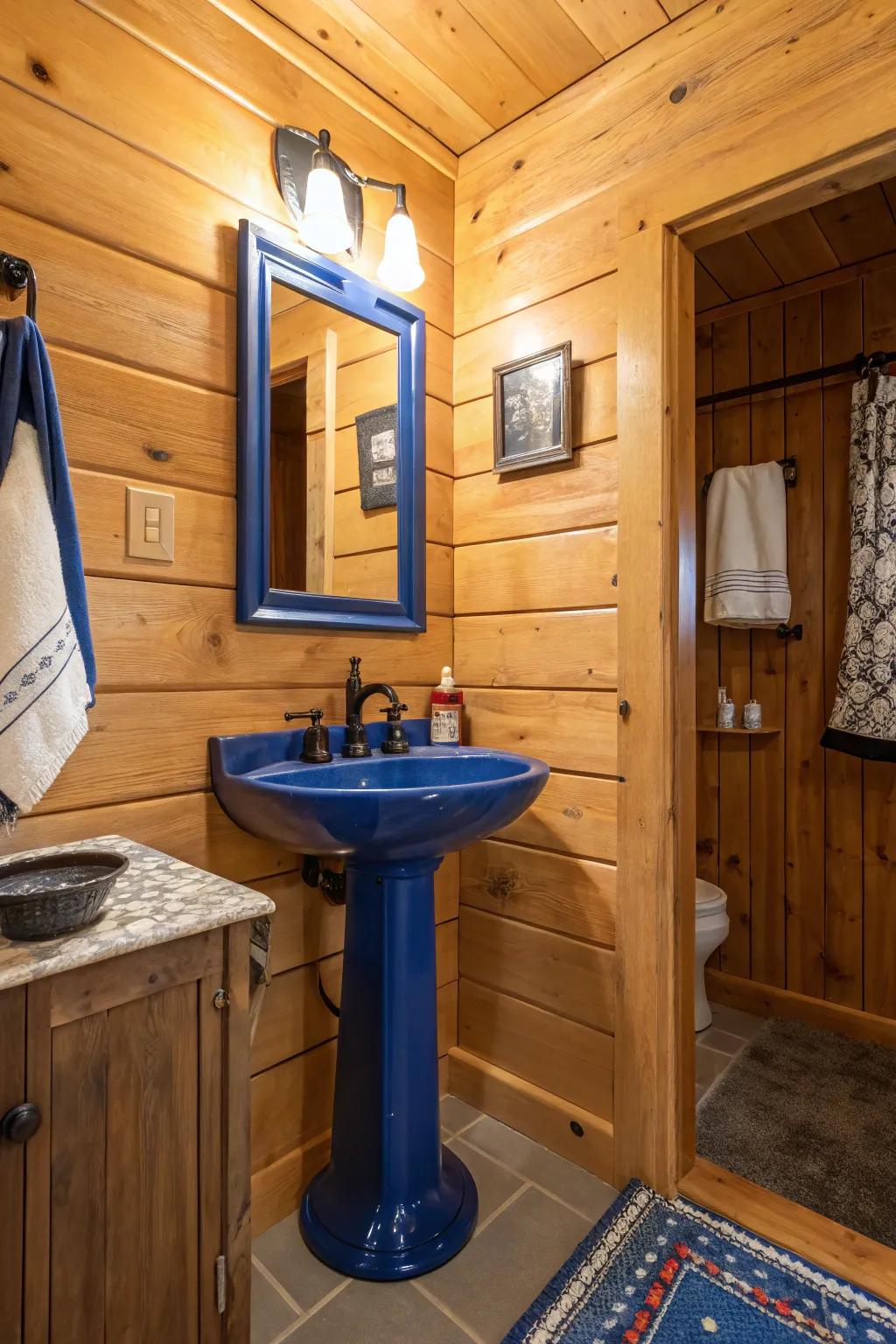 An unexpected burst of bright color against wood walls.