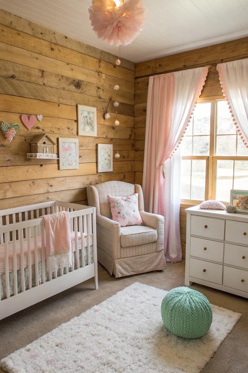 A nursery featuring elegant timber paneling.