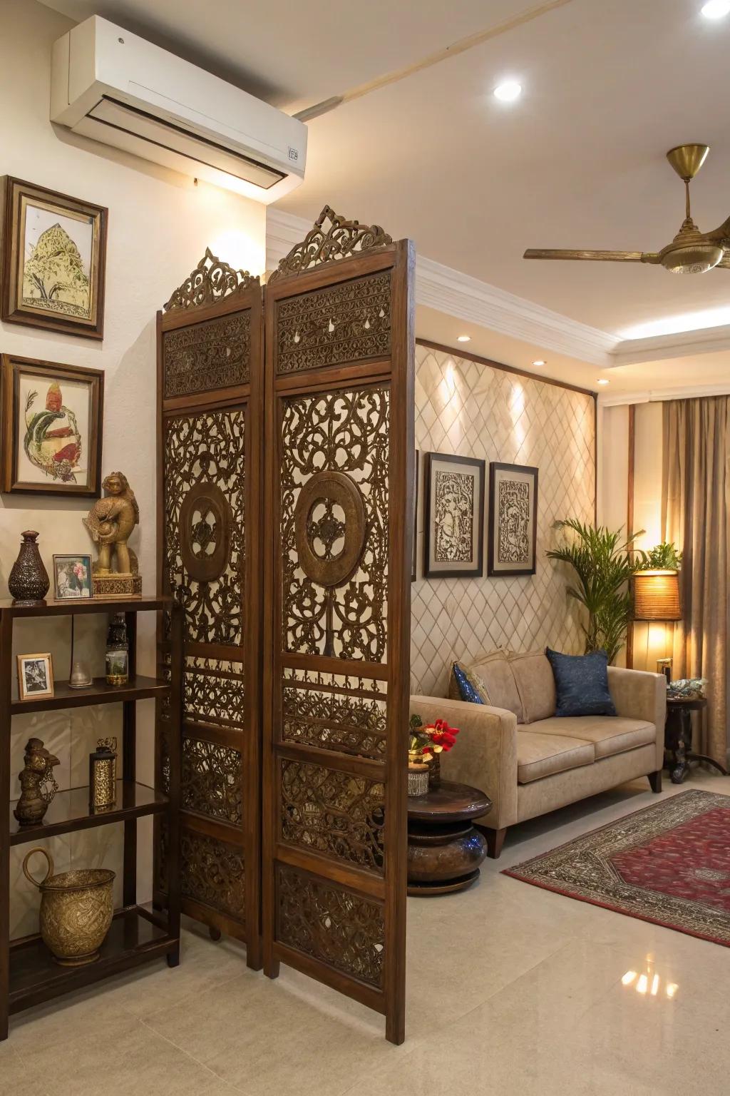 Artistic carvings on wood screens fashion a striking focal point in this sophisticated room.
