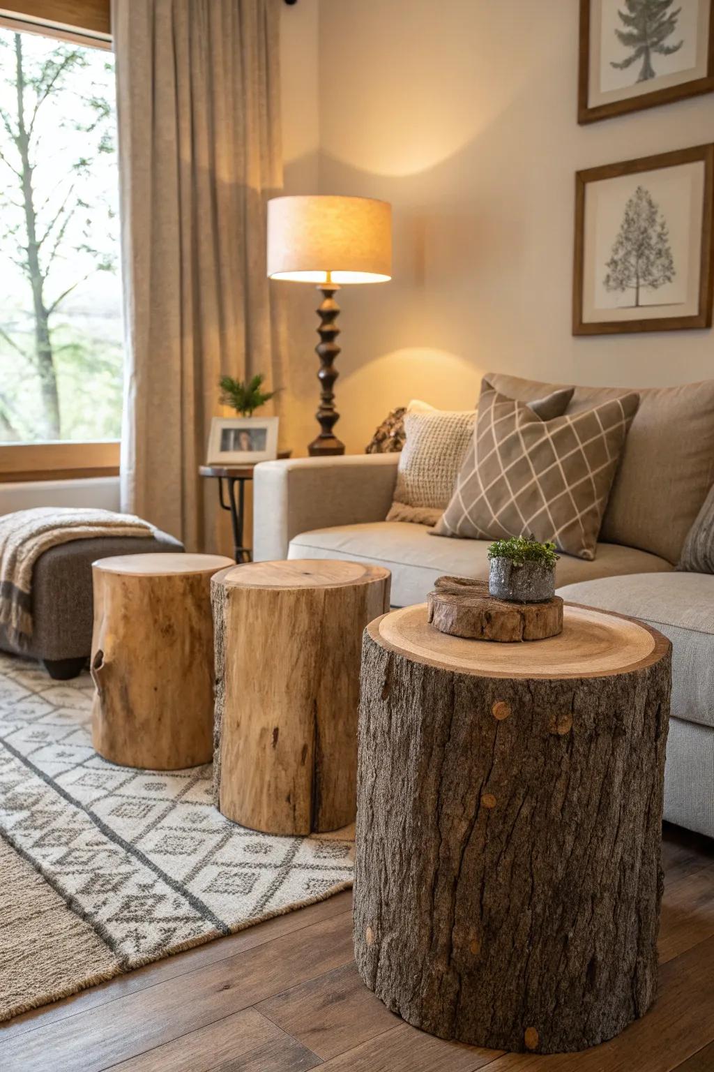 Tree stump tables add rustic charm to any room.
