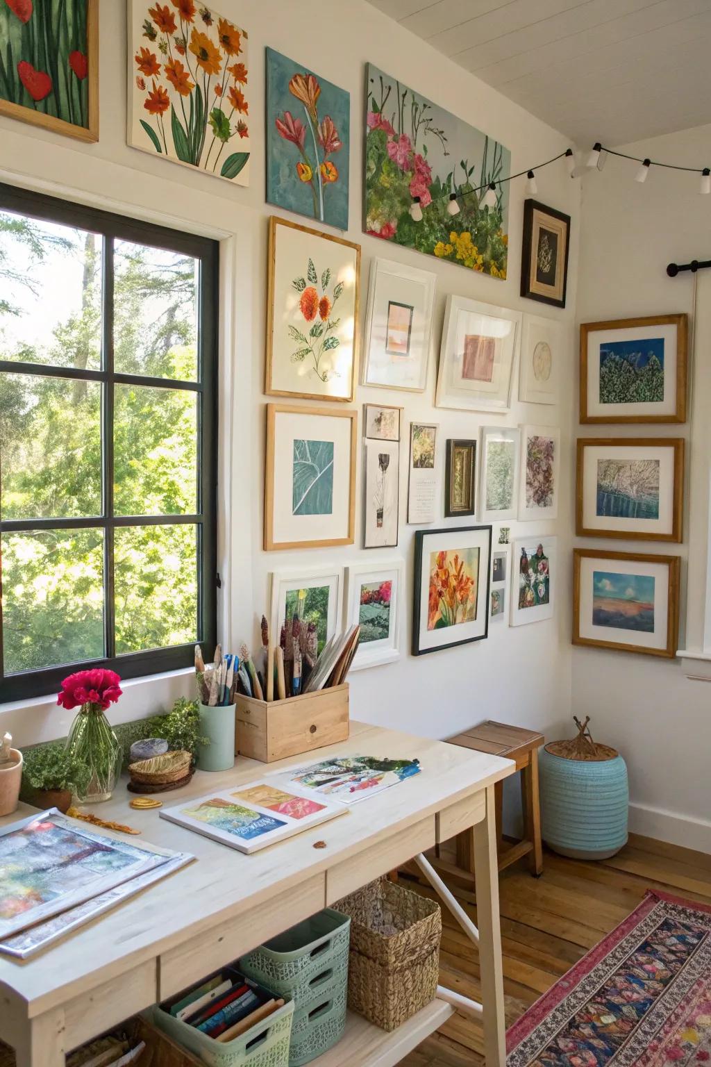 A gallery wall shows off art and sparks creativity.