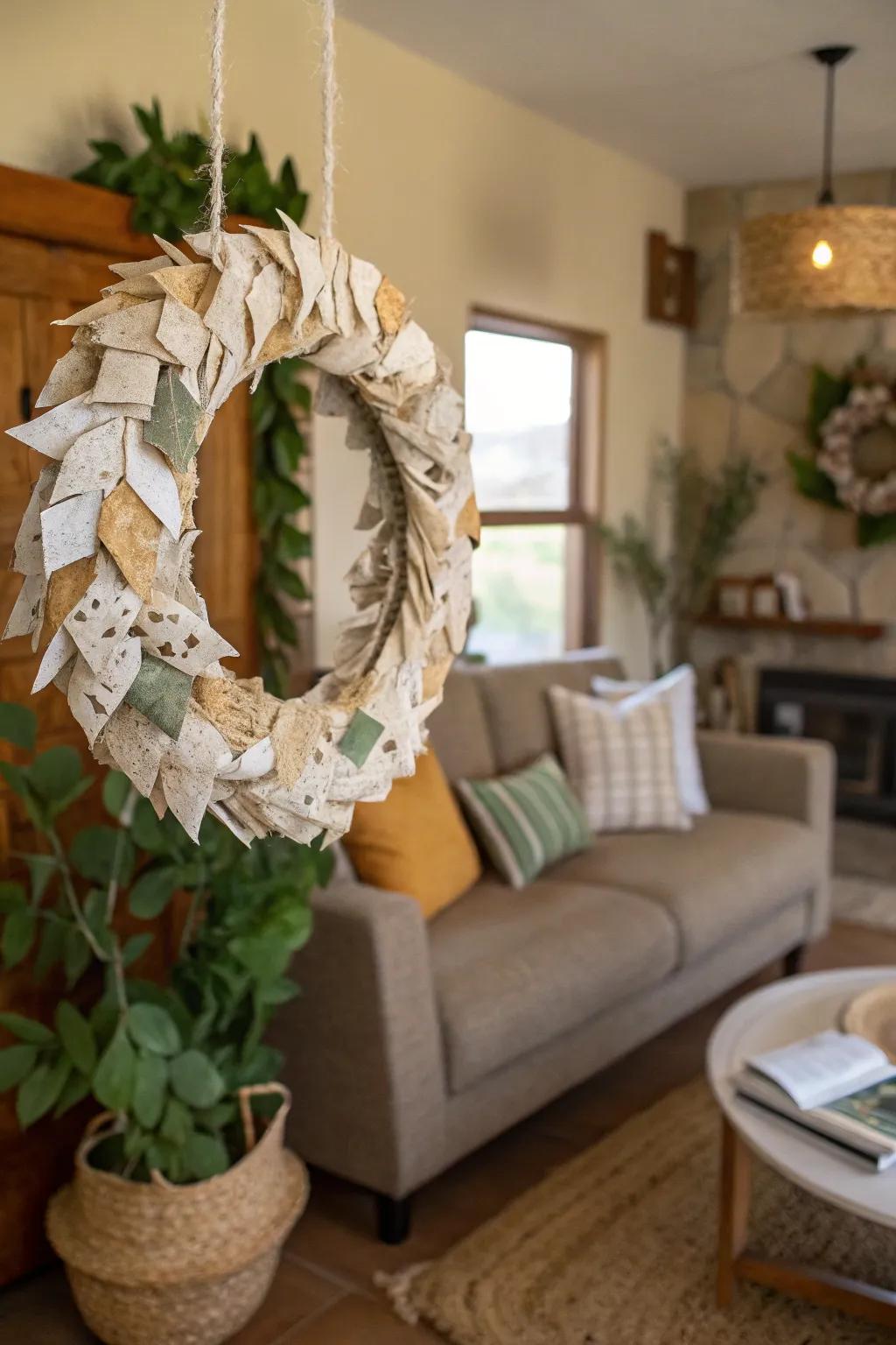 A wreath reflecting environmental mindfulness and creativity.