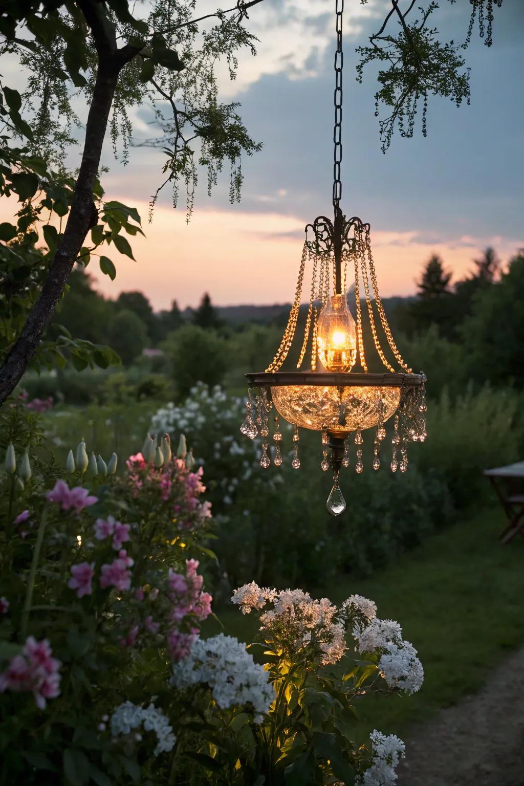 A solar light fixture casts a magical glow over this garden.