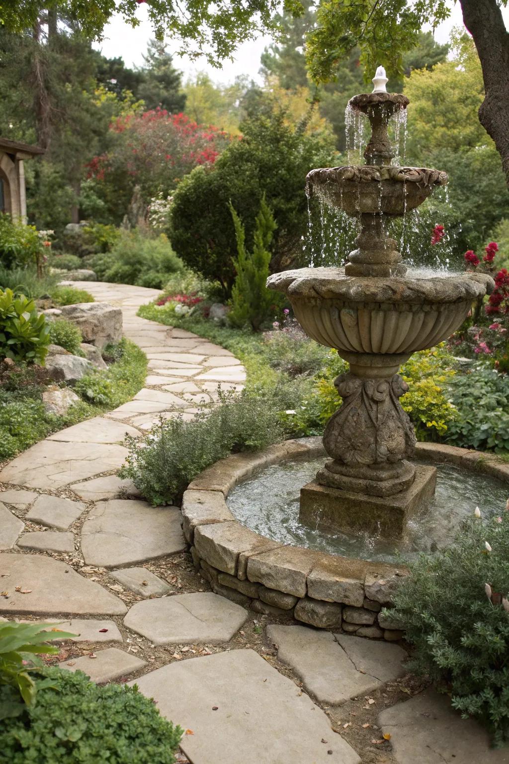 A sculptured stone fountain seamlessly merging into the garden landscape.