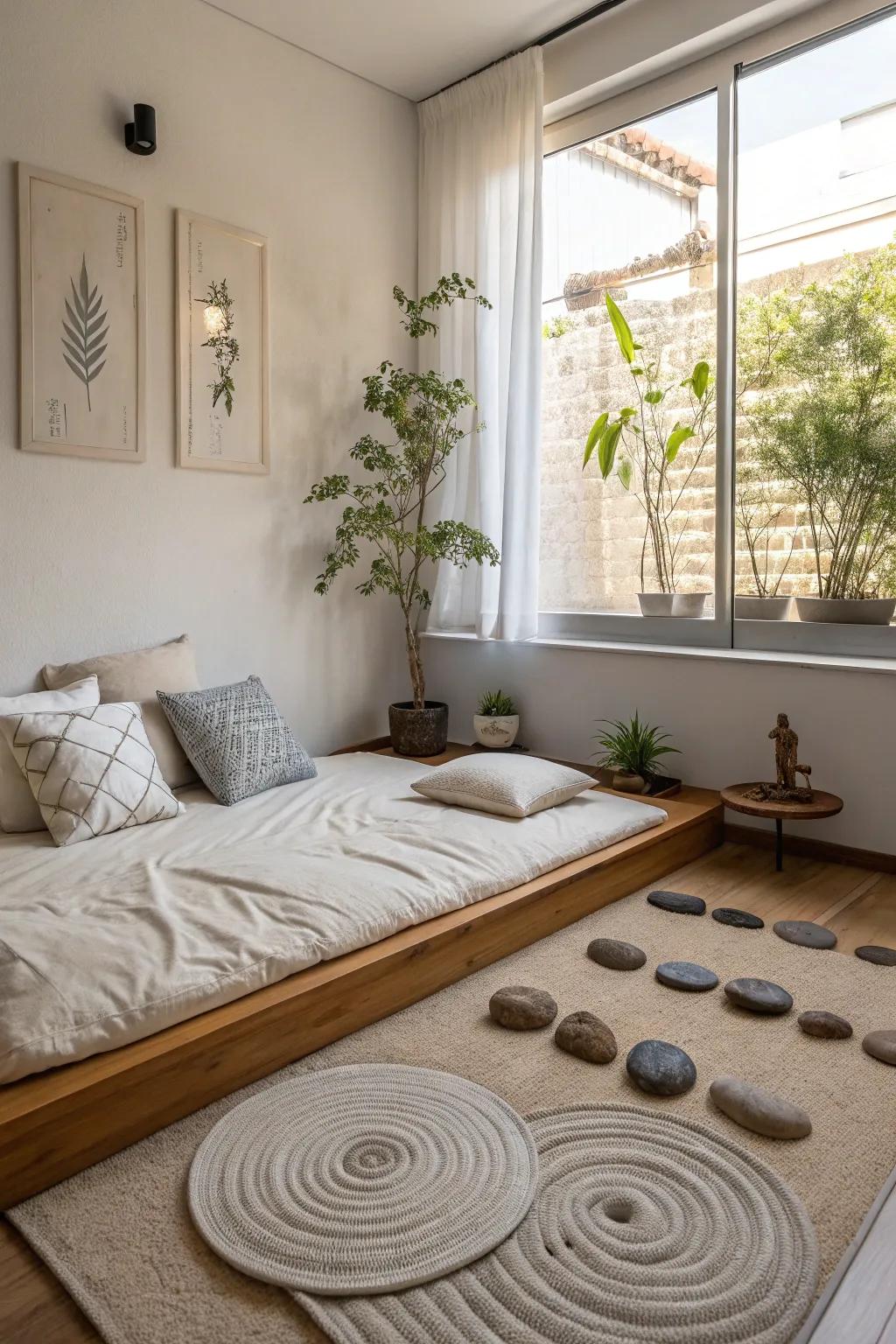A zen garden corner offers a place for thought and peace.