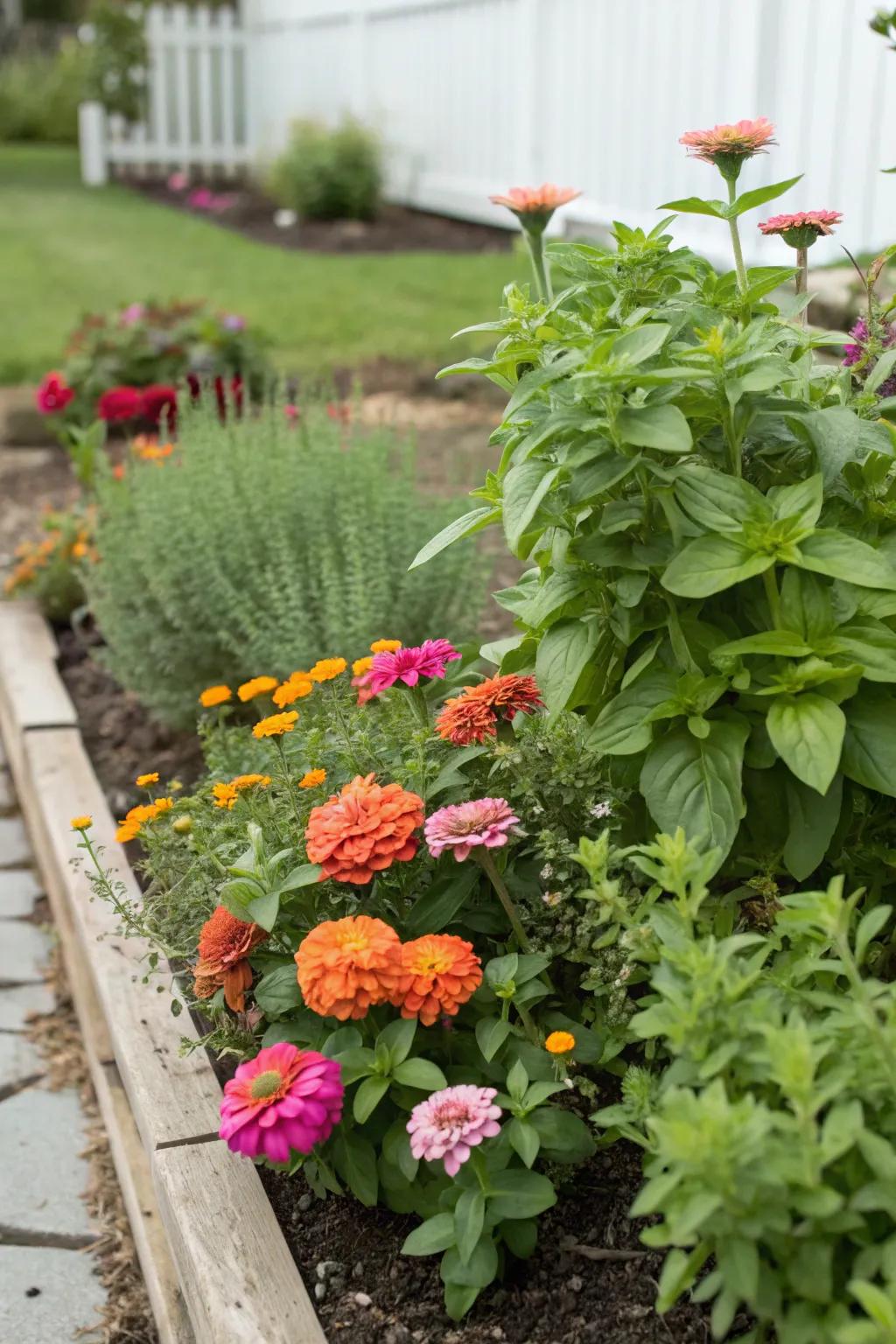 A fragrant and vibrant garden patch featuring zinnias and herbs.
