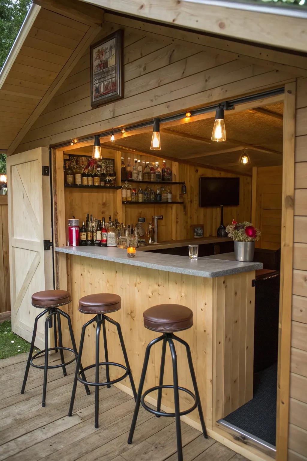 Host unforgettable gatherings with a shed bar arrangement.