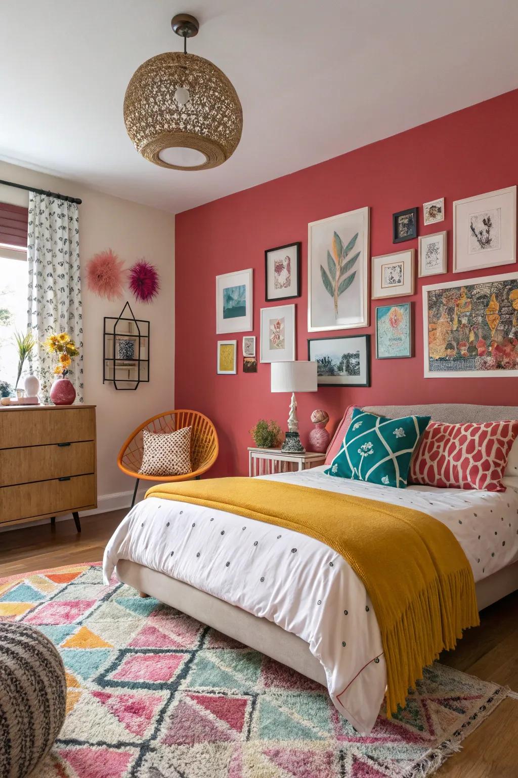 A striking feature wall that transforms the bedroom's aesthetic.