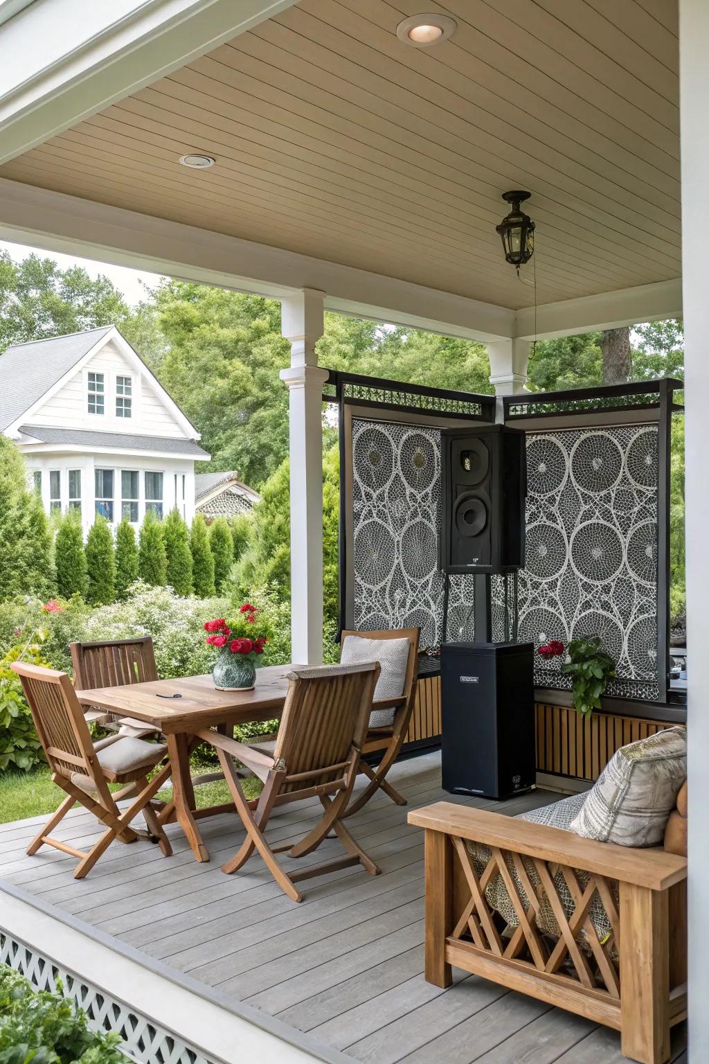 A music player elevating the porch's relaxation factor.
