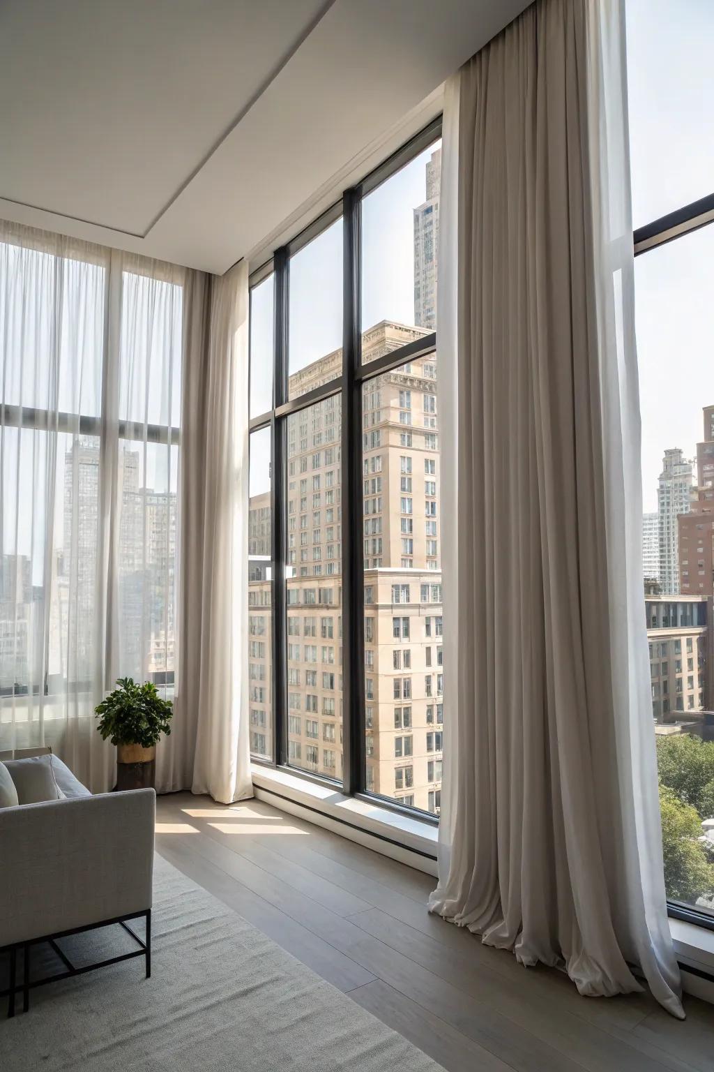 Floor-length window coverings can contribute a touch of style and spaciousness to your studio.