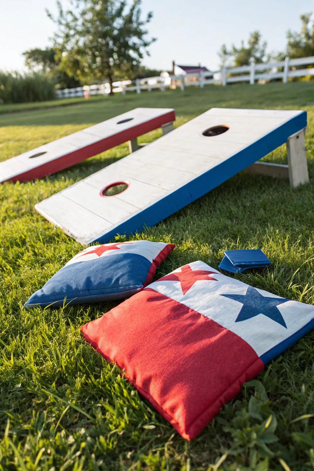 Patriotic cornhole boards add a fun twist to traditional picnic games.