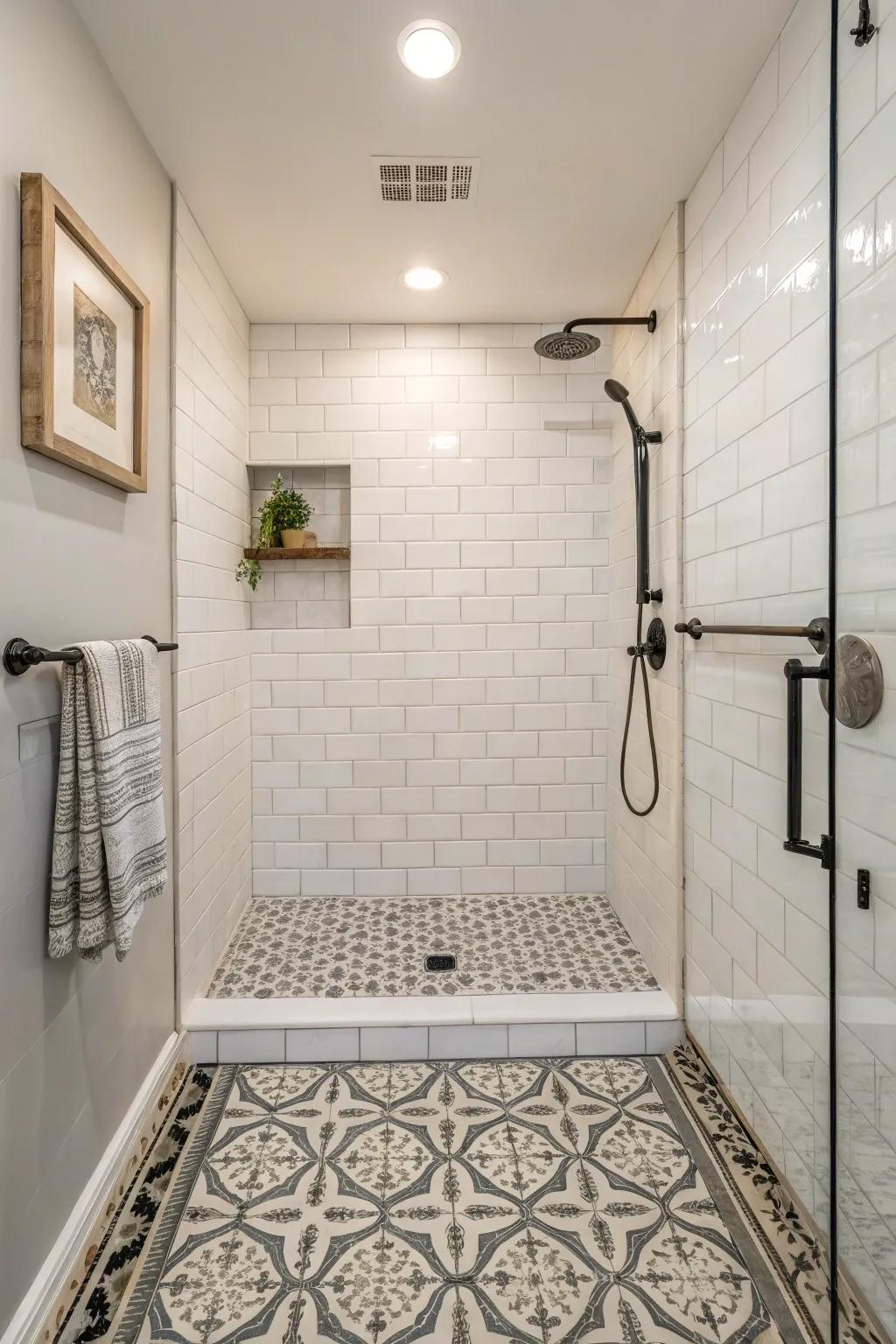 Stylized footing infuses charm and originality into a small shower.