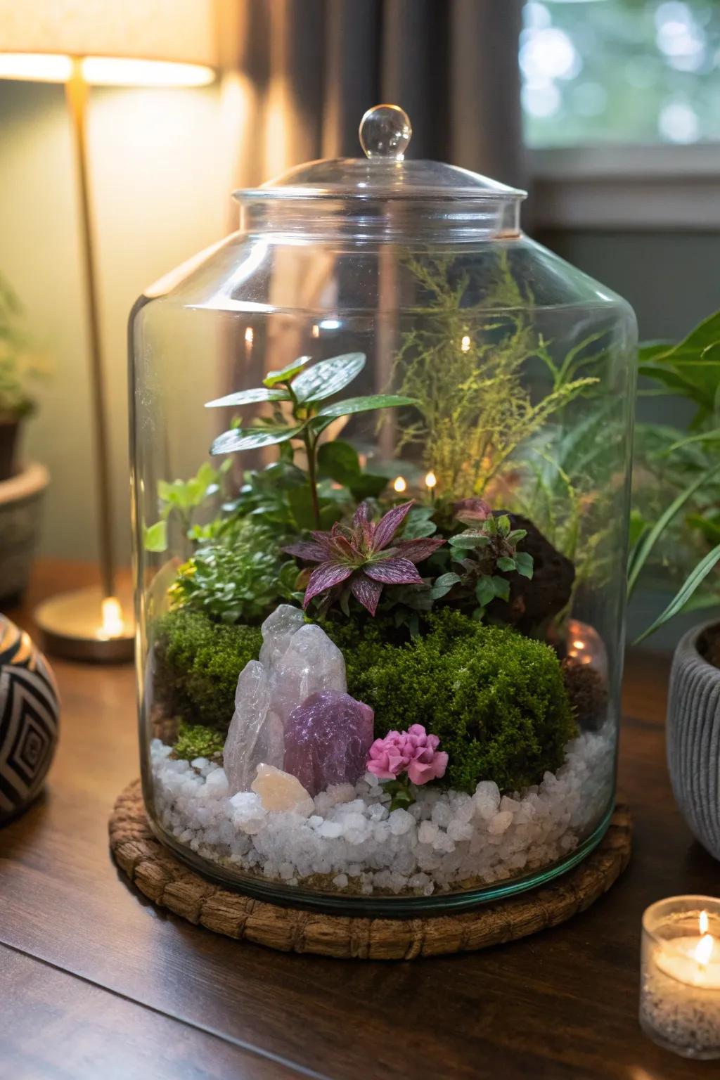 A crystal dream terrarium with shimmering stones.