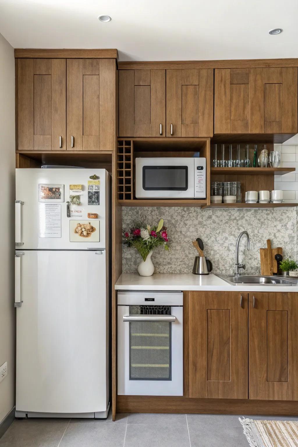 Integrating a microwave shelf maximizes space efficiency in the kitchen.