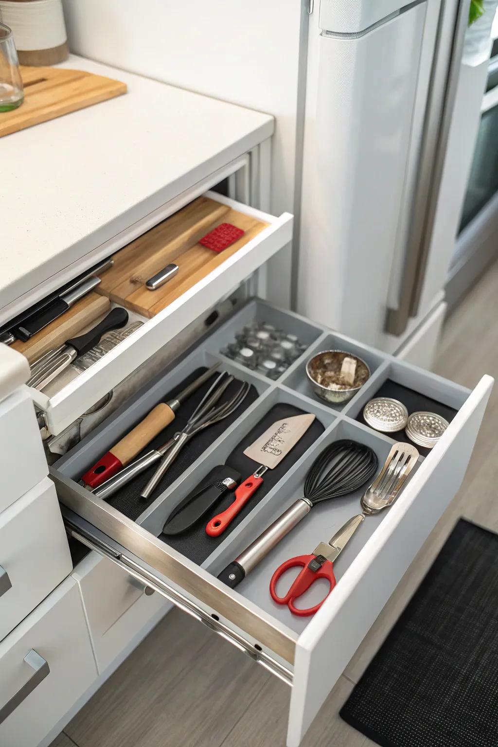 A sliding shelf over the refrigerator for convenient storage.
