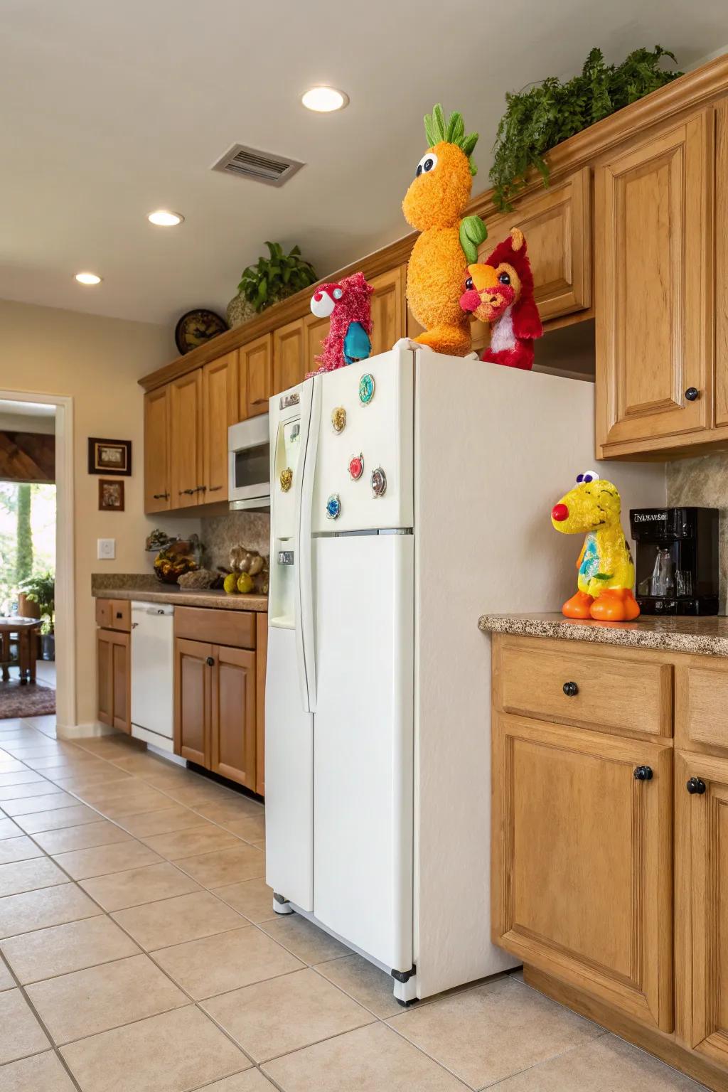 Figures add color above the fridge.