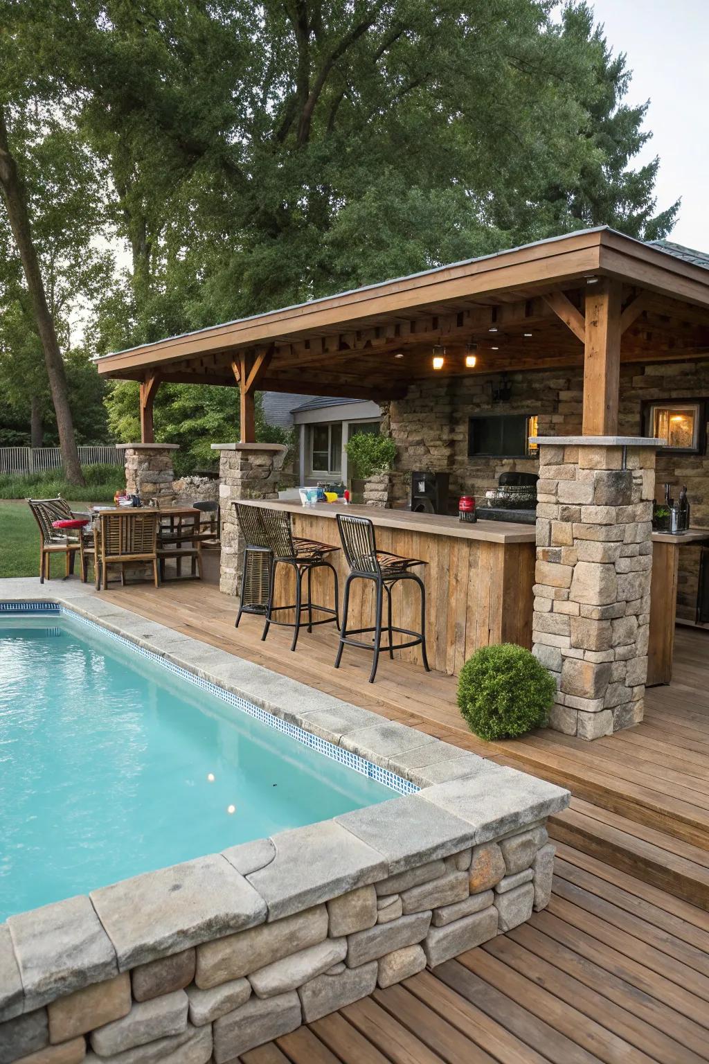 Your poolside bar gains rustic charm from stone features.