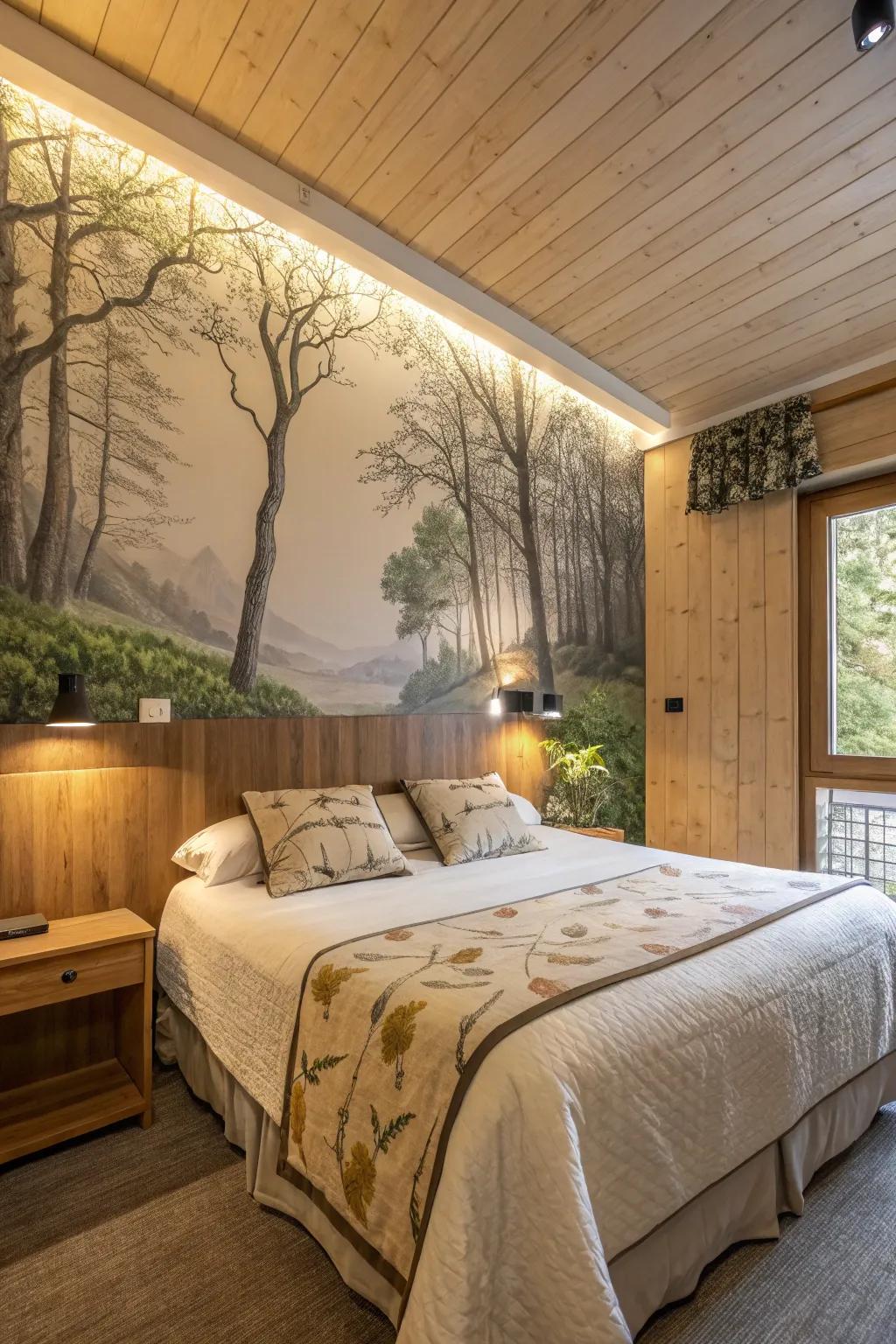 A bedroom featuring a nature painting accent wall that introduces the outdoors indoors.