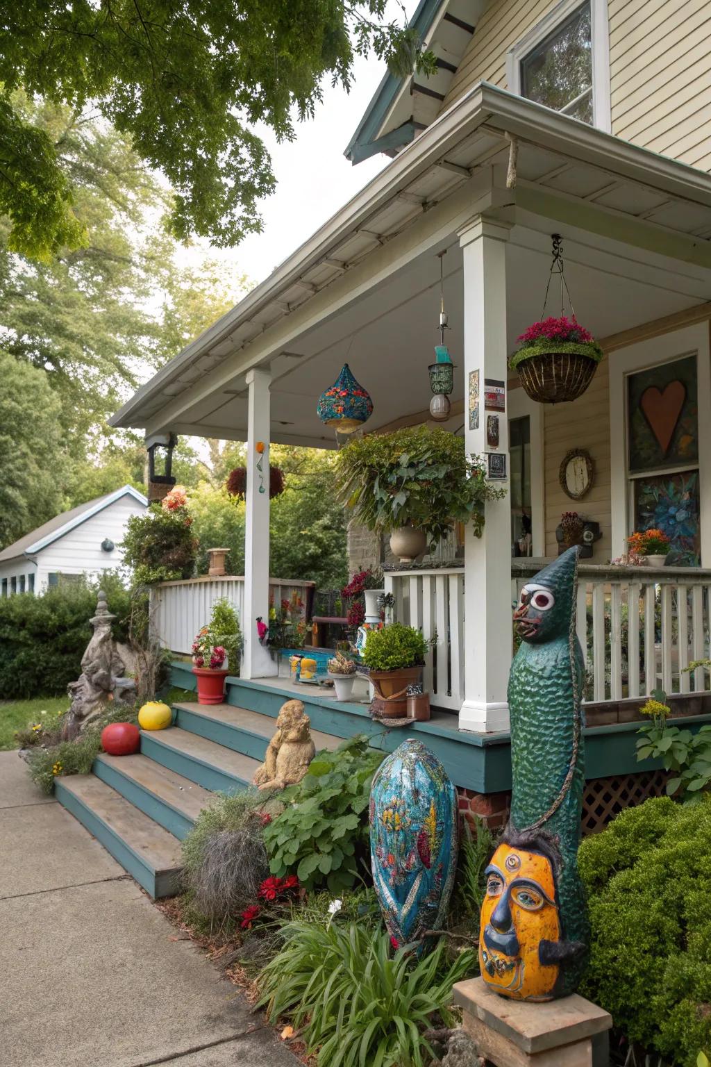 A porch with distinctive art that captures attention.