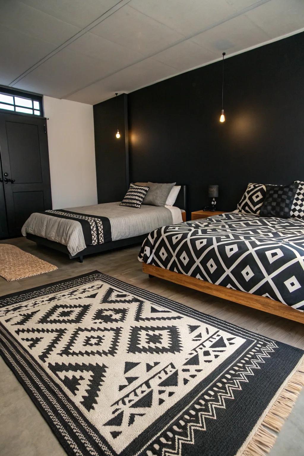 A black bedroom featuring symmetrical patterned rugs and bedding.
