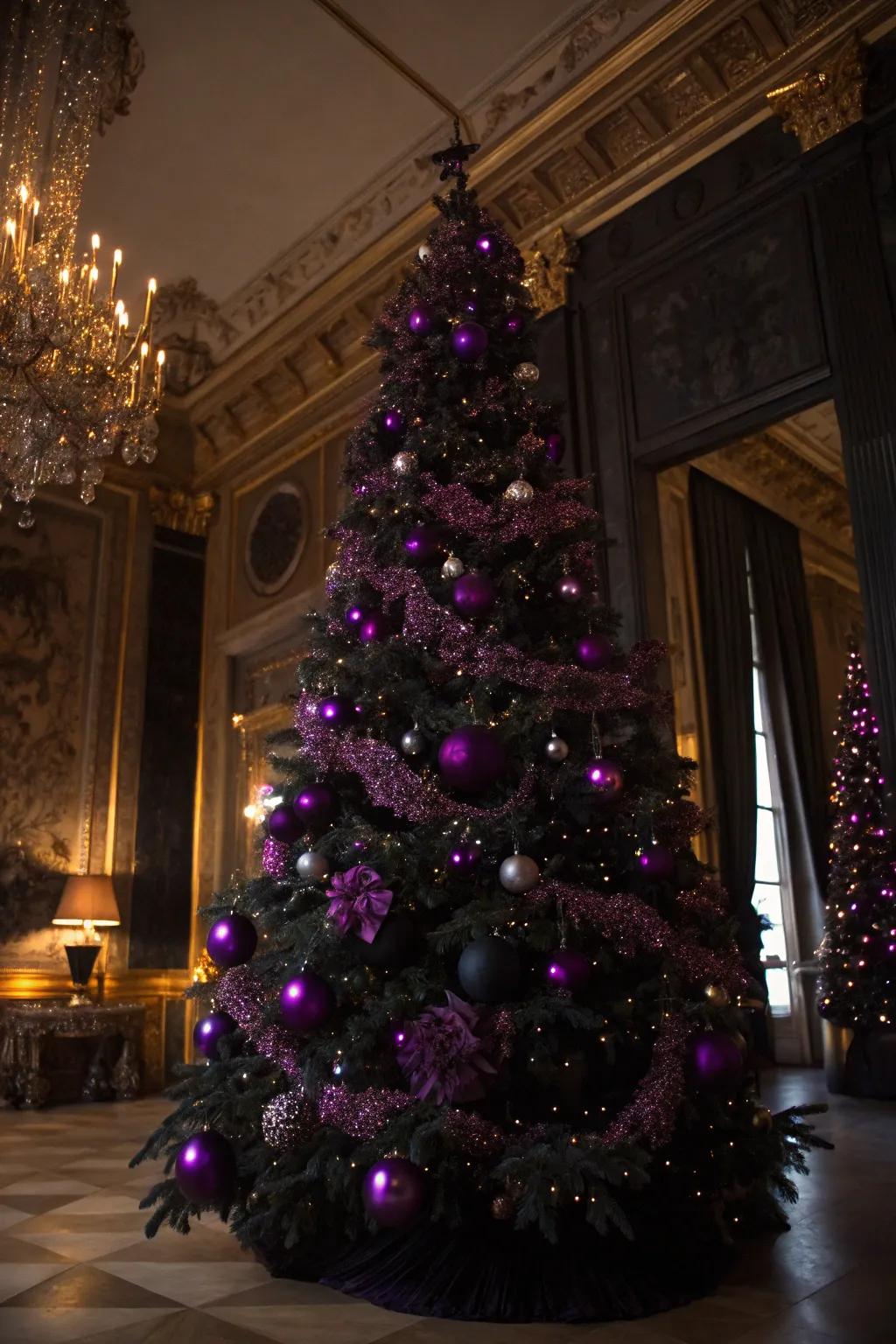 A dramatic Christmas tree displaying bold colors for a theatrical flair.