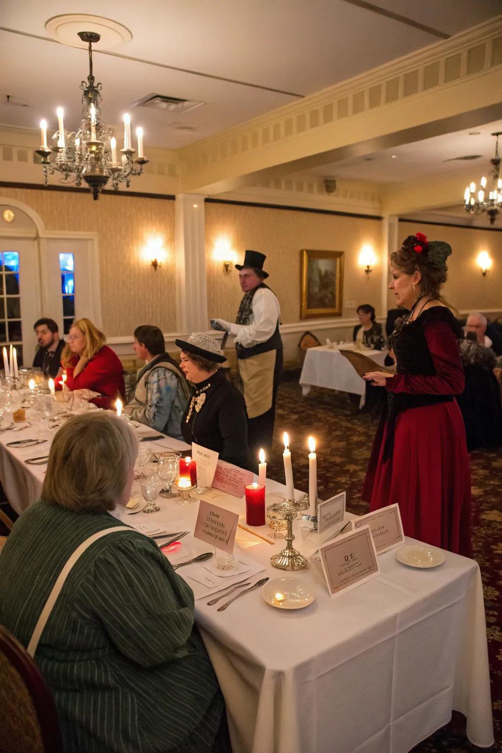 A mysterious and interactive dinner theater arrangement.