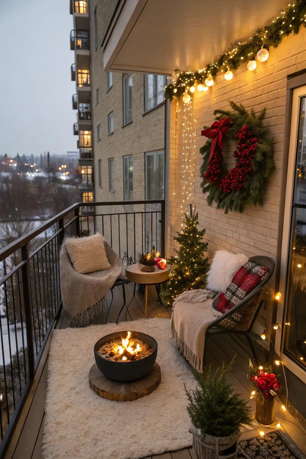 An open fire spot brings warmth and comfort to this festive balcony.