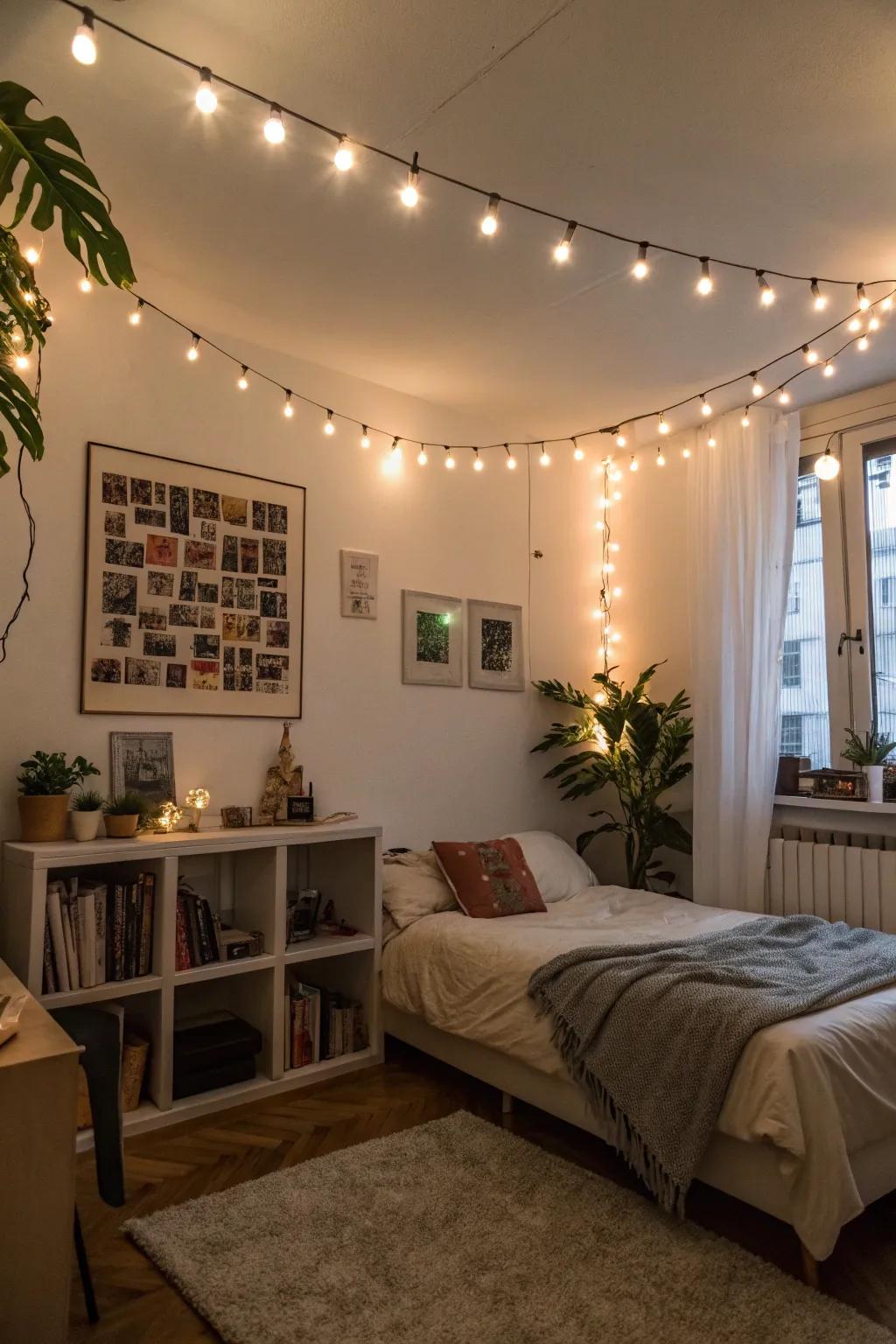 Charming DIY string lights illuminate this apartment bedroom.