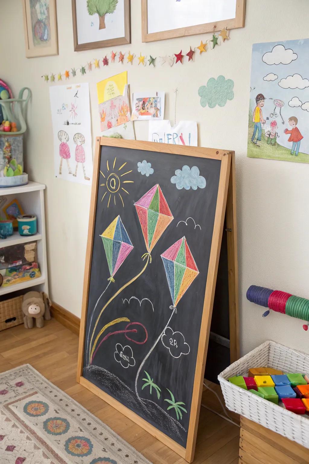Kites soar into spring skies on this chalkboard.