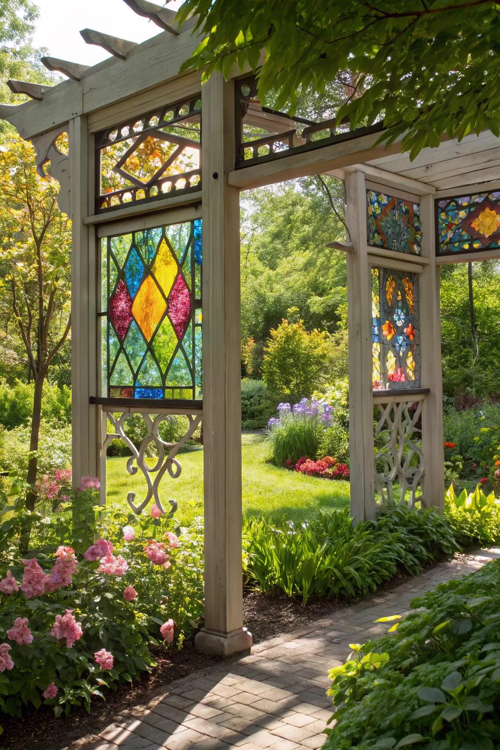 A vibrant arbor with beautiful colored glass accents.