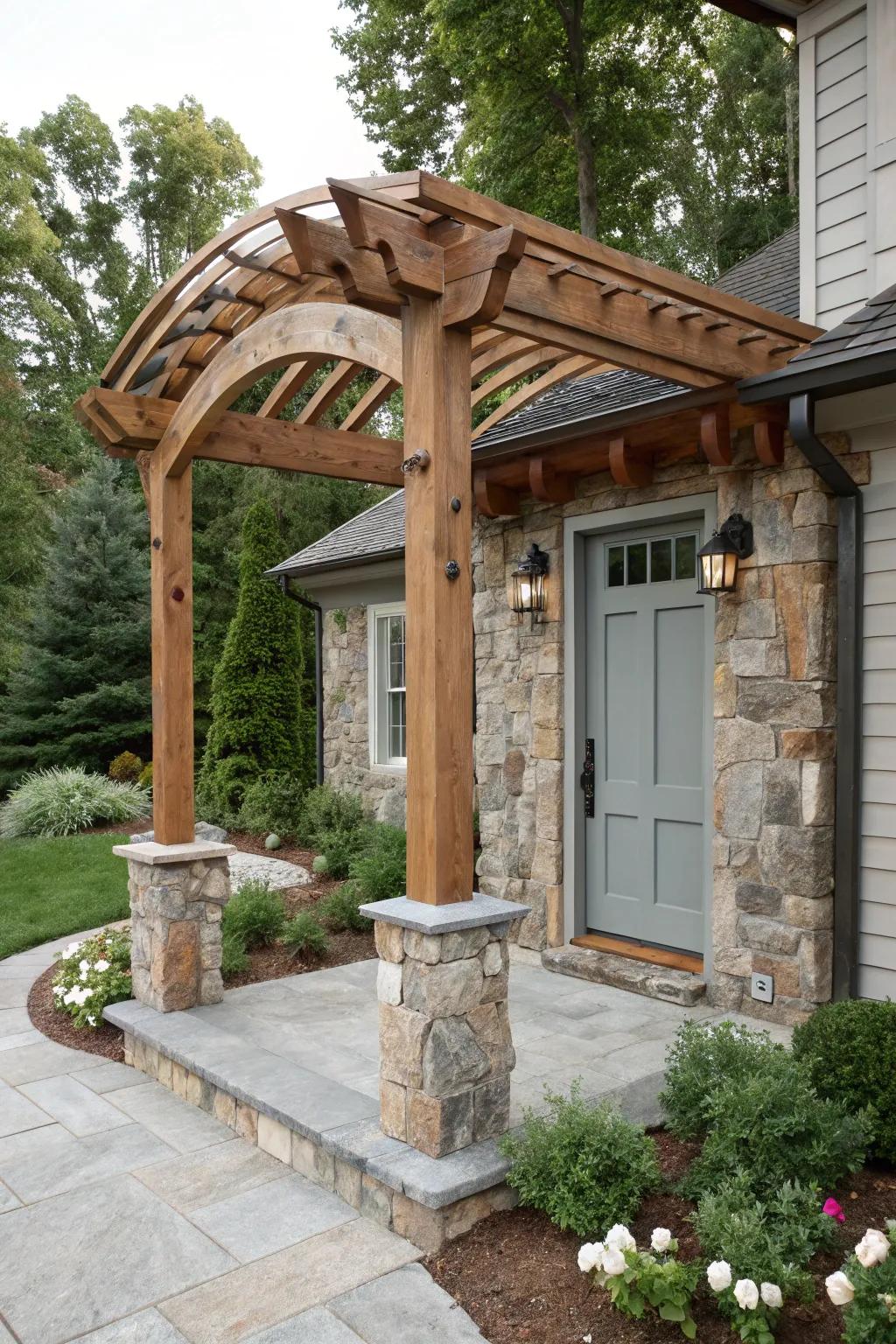 A stone and timber fusion arbor creates a unique and resilient doorway.