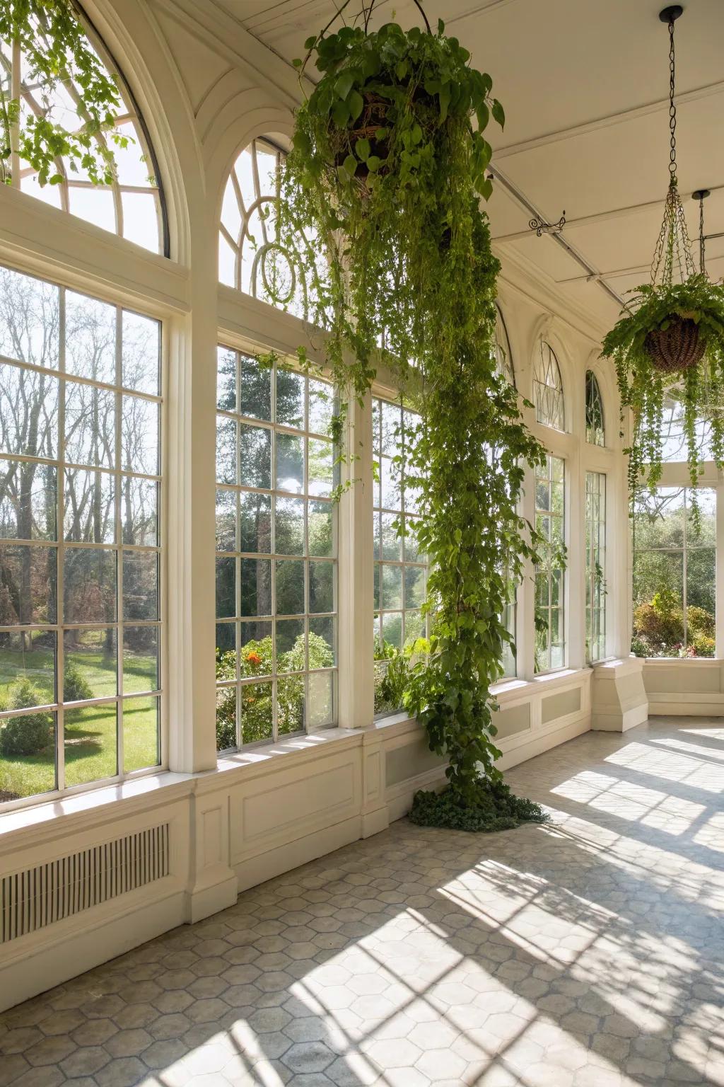 A radiant sunroom showcasing an interior vine framework on arched windows.