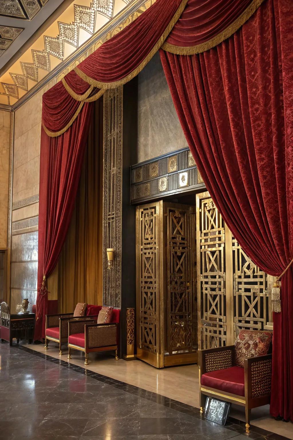 Audacious drapery scattering a note of charm and theatrical grace.