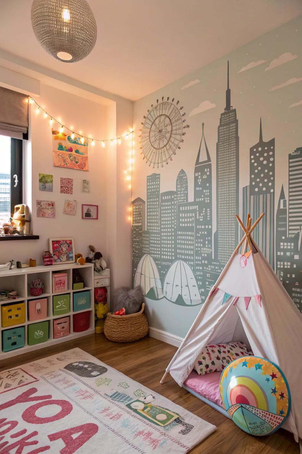 A DIY wall mural of a city skyline transforms this child's room into a whimsical getaway.