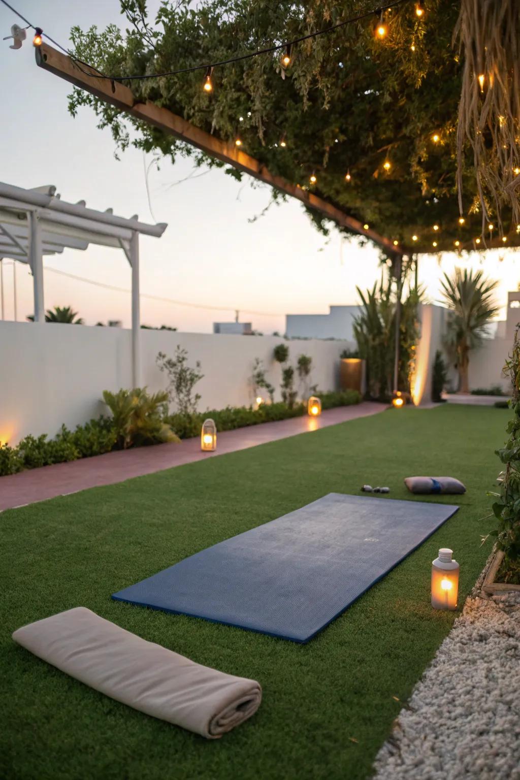 An inspiring yoga spot on vibrant imitation turf.