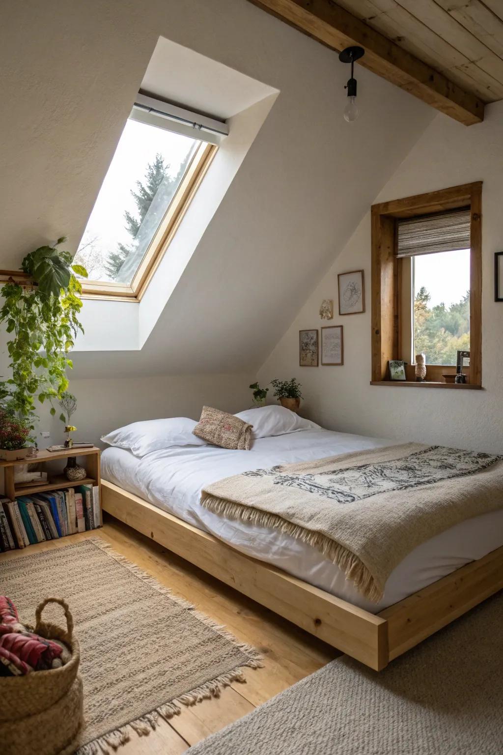 A short bed base amplifies the sense of area in your attic bedroom.