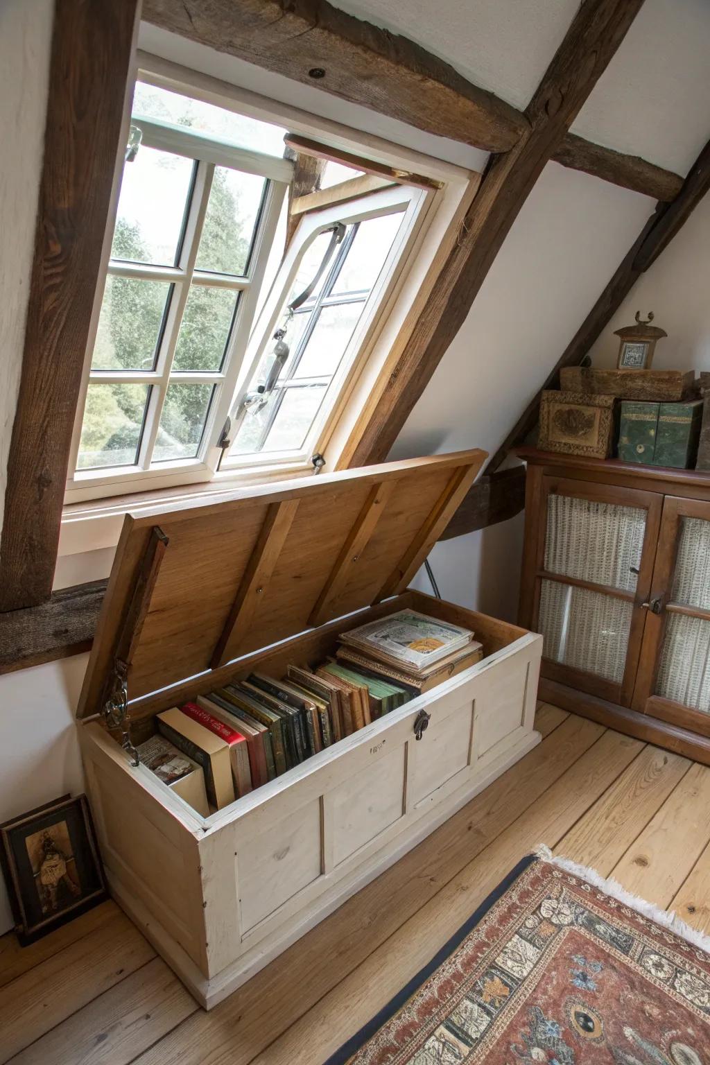 A window seat showcasing storage imparts comfort and utility to your attic.