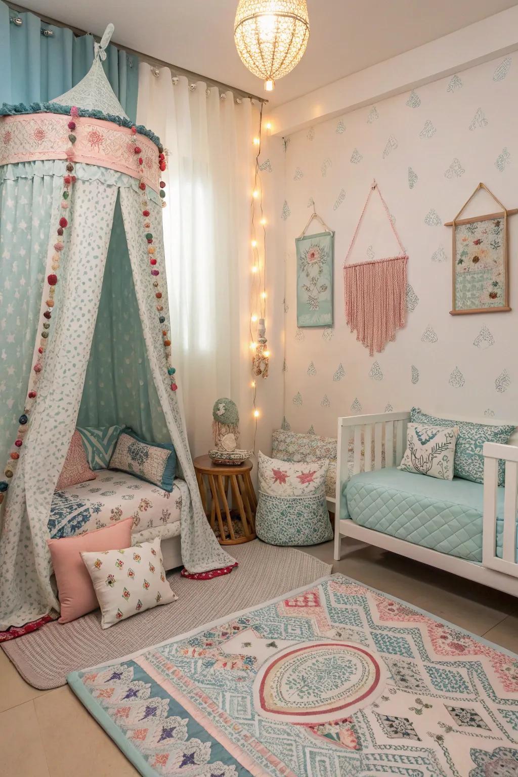 Designs bring visual appeal to a serene light sky blue bedroom.