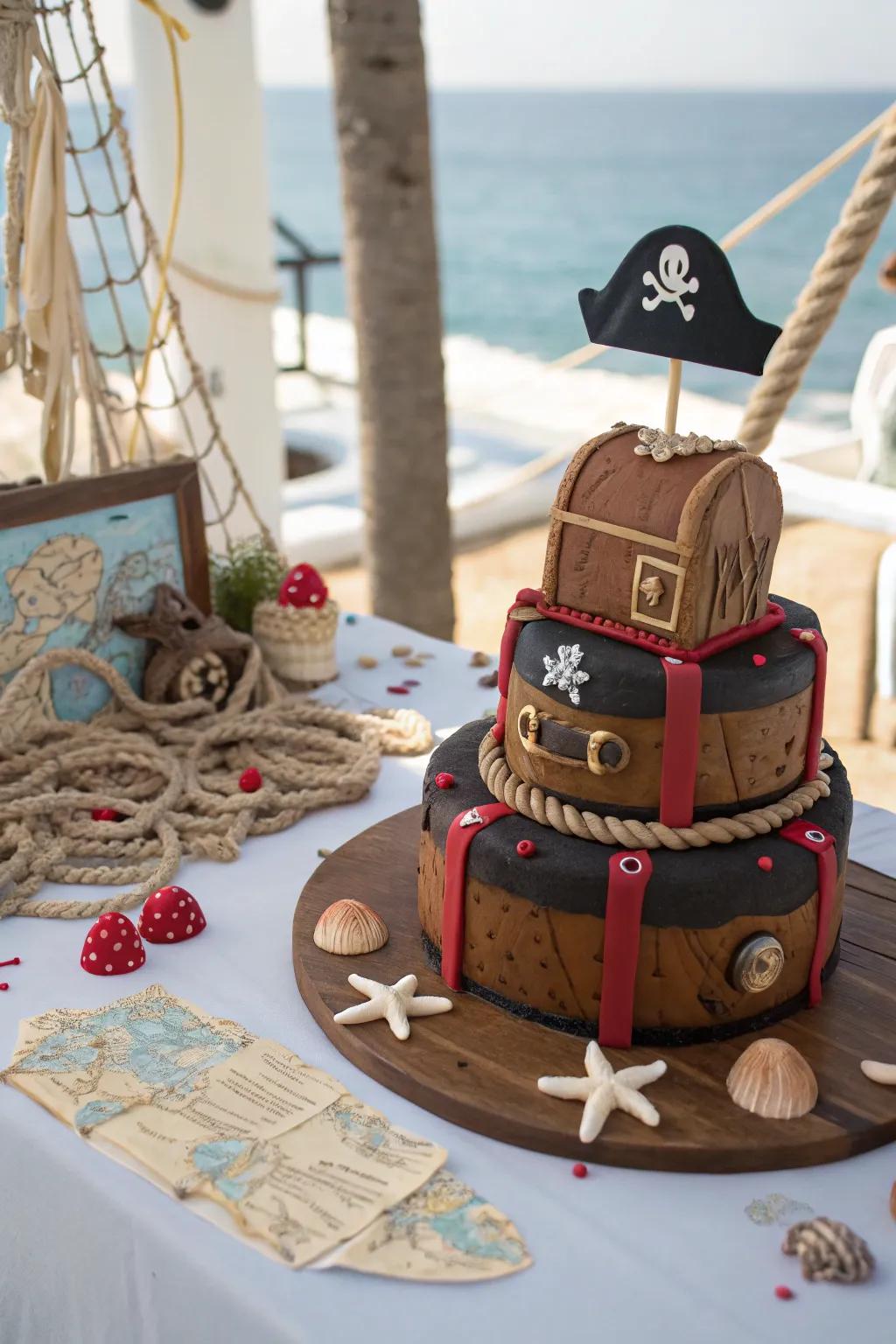 A pirate-themed cake featuring adventurous decorations.