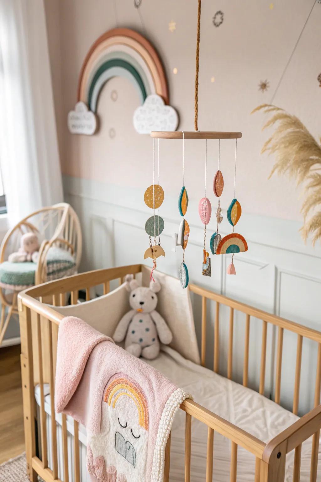 A mobile adds playfulness and visual interest to the baby area, keeping little ones entertained.