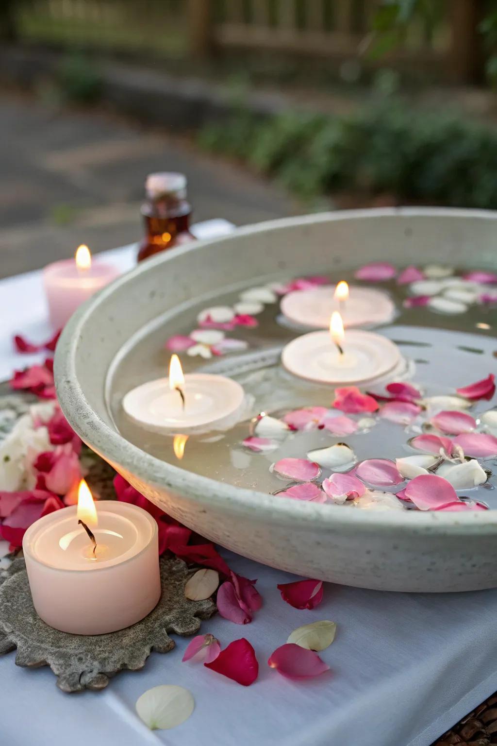 Inviting centerpiece featuring floating candles and petals.