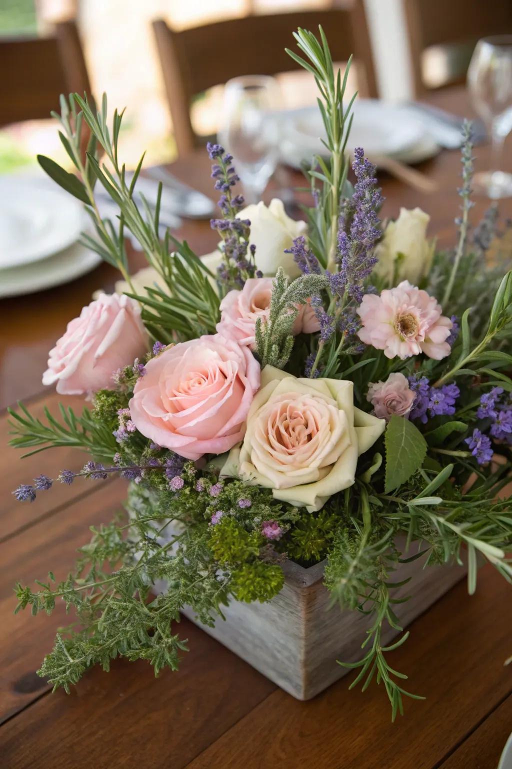 A fragrant centerpiece featuring herbs and blooms