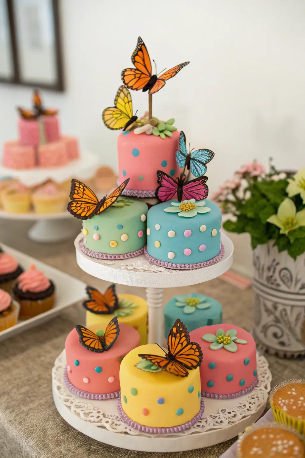 Miniature sweets adorned using butterflies make for an elegant treat.