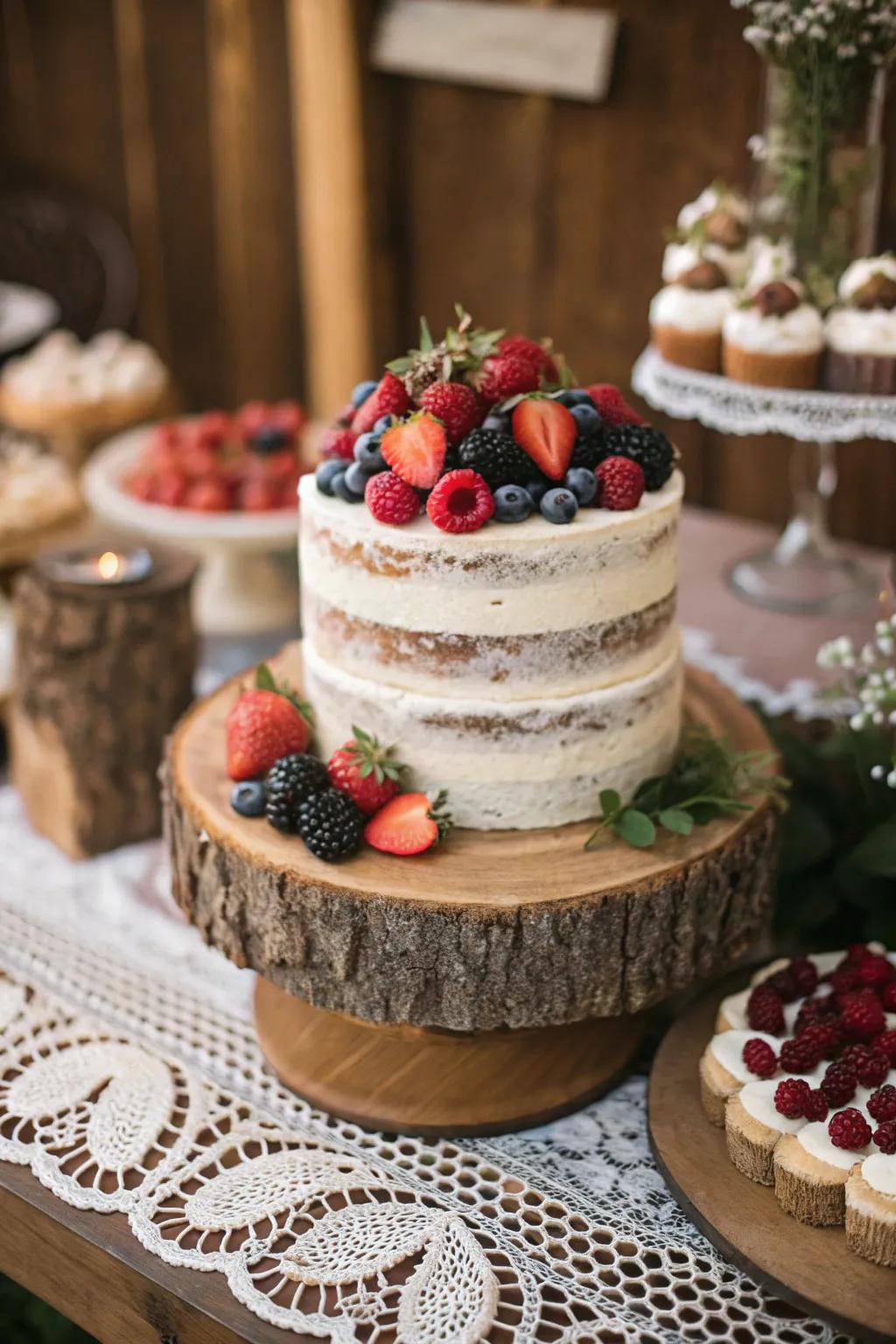 A rustic cake minimally adorned with fresh berries.