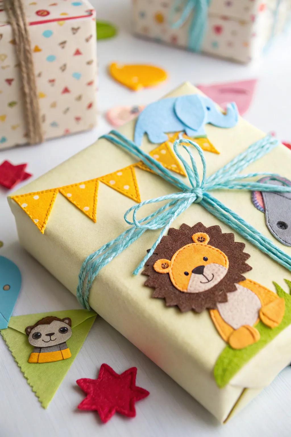 A joyful gift adorned with felt animal shapes, ideally fitting for a baby shower.