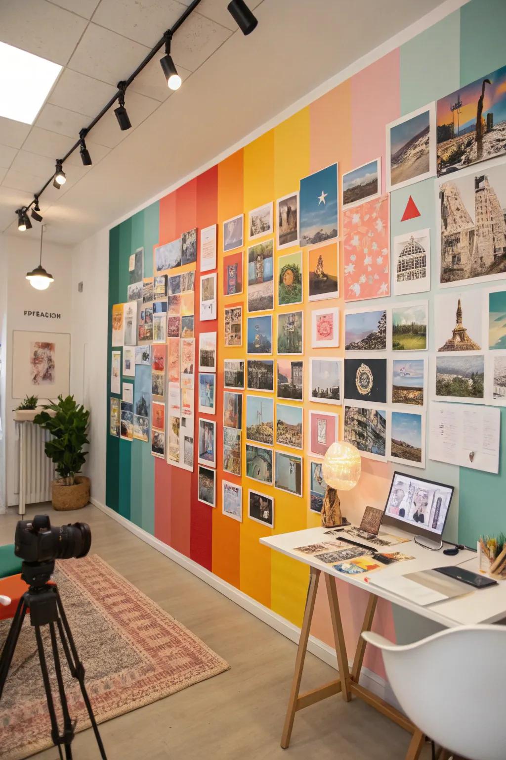 A creative area featuring a colorful collage wall of postcards and prints.