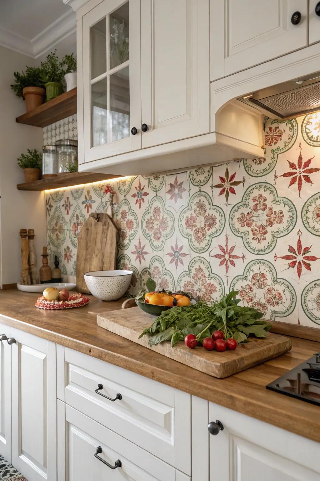 With tiles with botanical patterns, create garden charm.